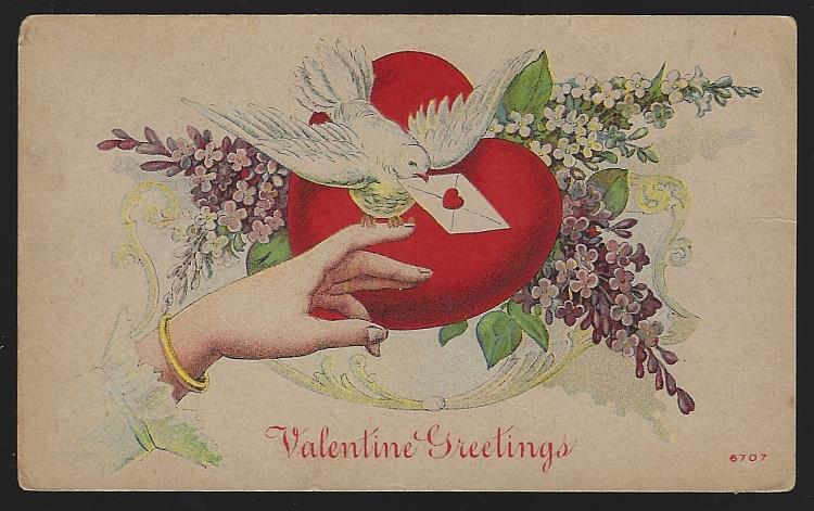 Image for VALENTINE GREETINGS WITH HAND, DOVE, RED HEART AND FLOWERS