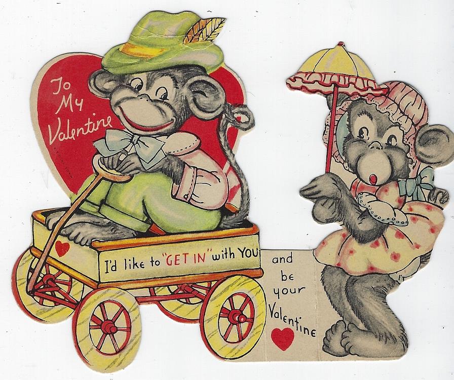 Image for VINTAGE FOLD OUT VALENTINE WITH BOY MONKEY IN WAGON AND GIRL MONKEY