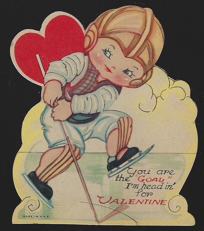 Image for VINTAGE EASEL VALENTINE WITH BOY PLAYING HOCKEY